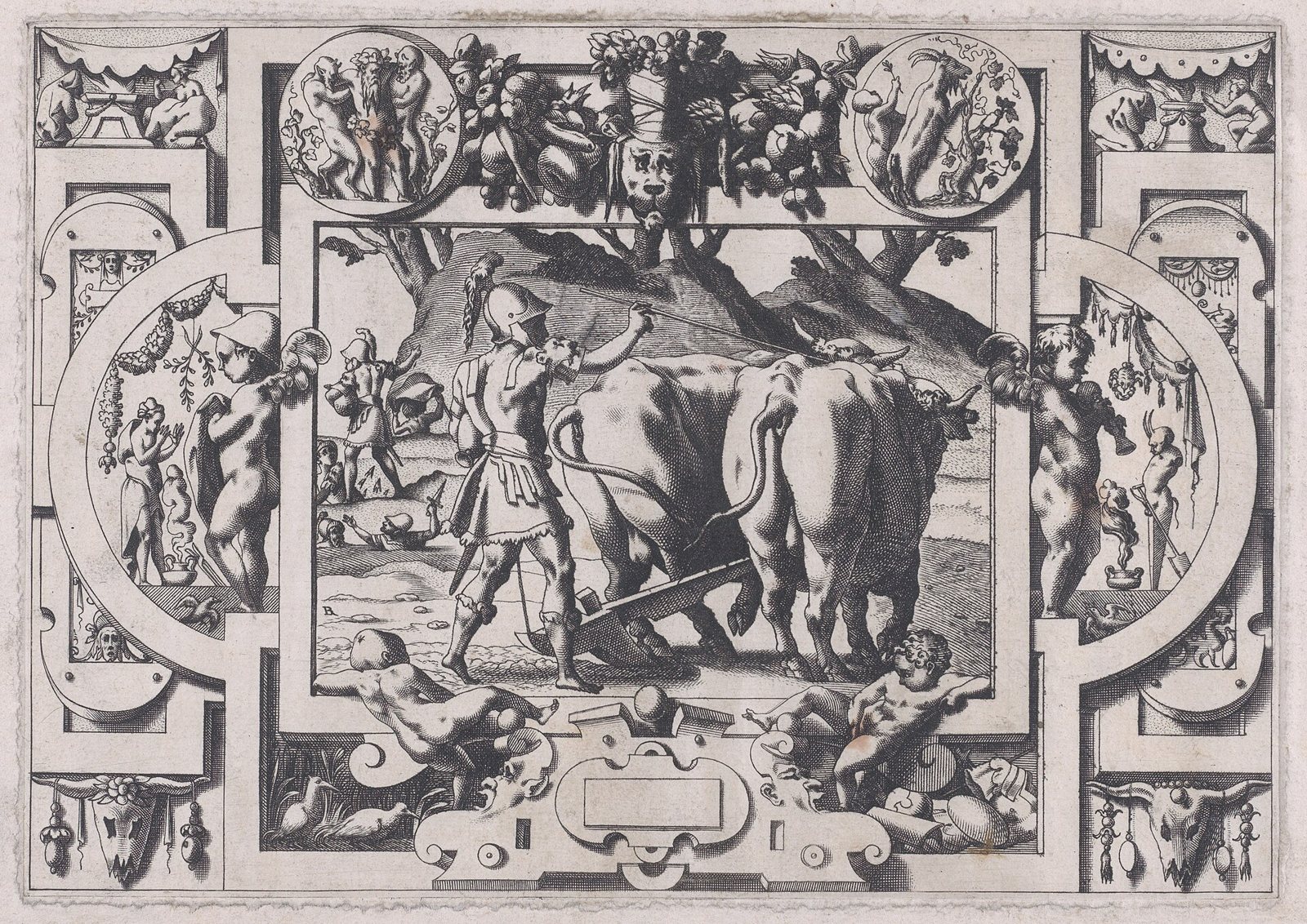 An engraving of an armored Jason guiding a pair of yoked bulls with a plow, inside an ornate frame of scrollwork, putti and masks