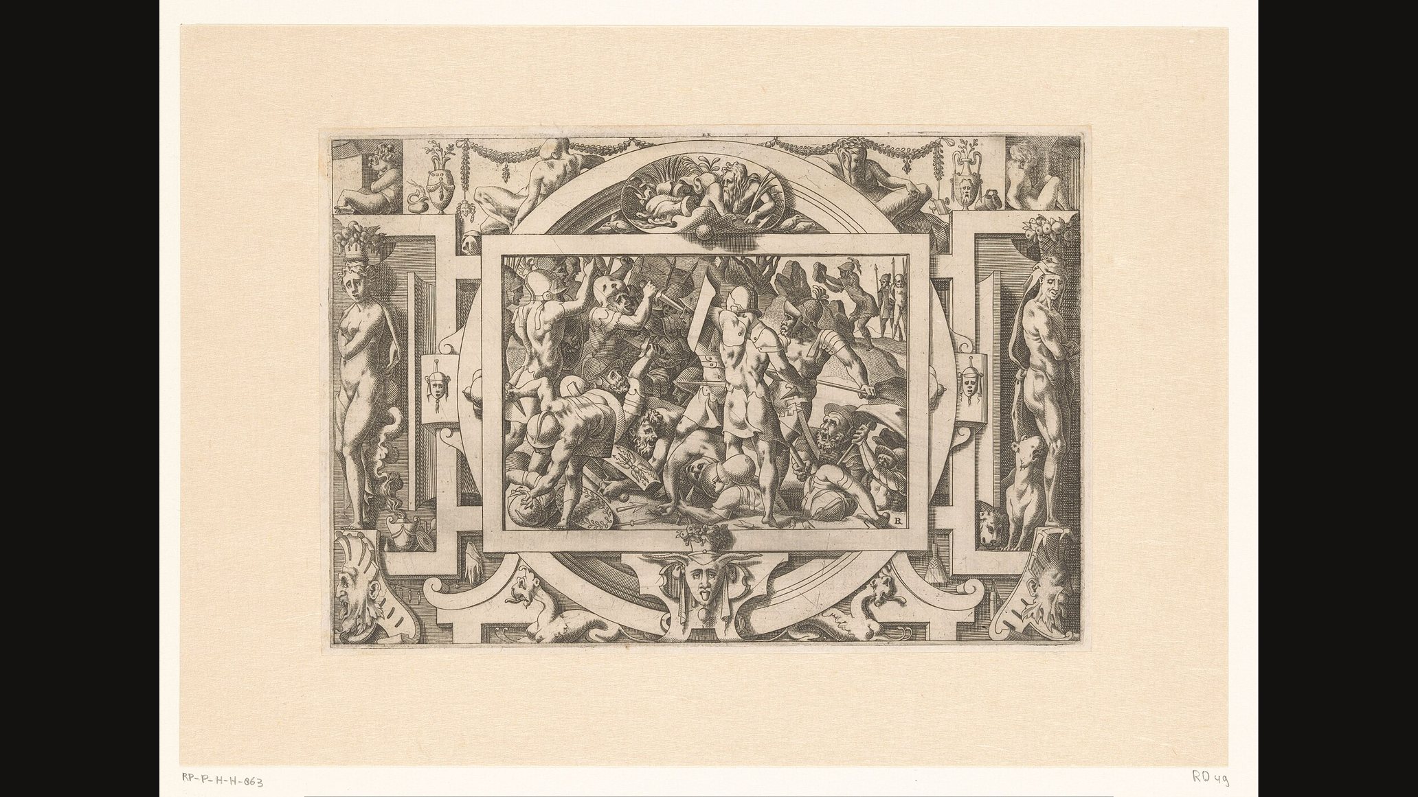 A 1563 print of armed warriors tangled in combat in a framed scene, set within an ornate border of scrolls, figures and masks