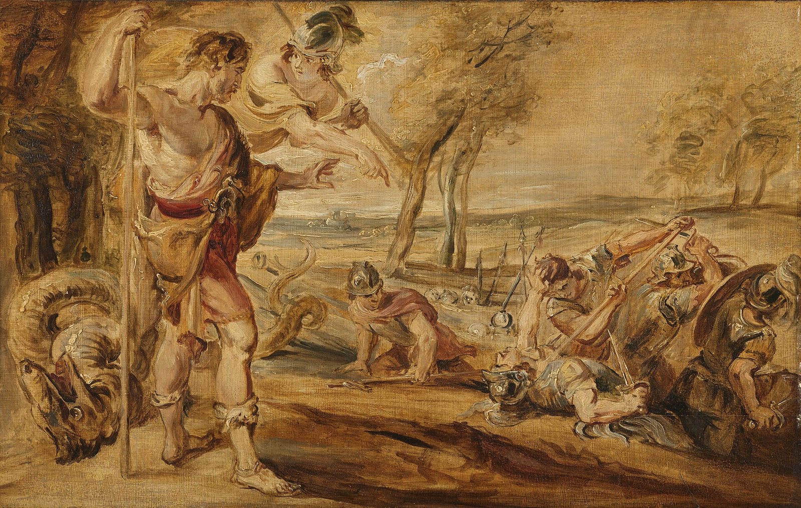 An oil sketch of Cadmus standing beside a slain dragon with Minerva above, while armed men rise from the soil on the right and fight one another