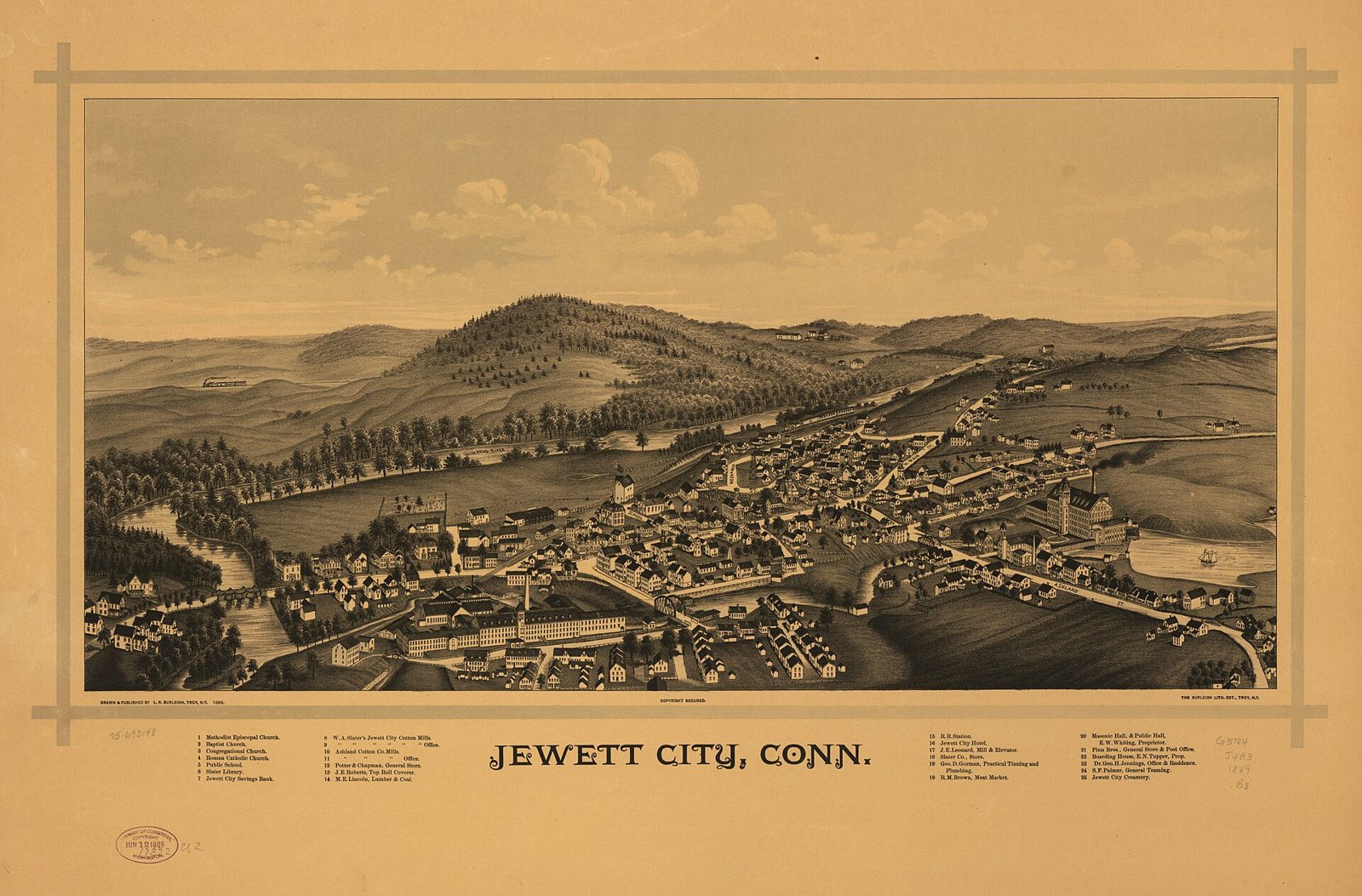 A bird's-eye view print of Jewett City in its river valley, with mills, rows of houses and church steeples below wooded hills