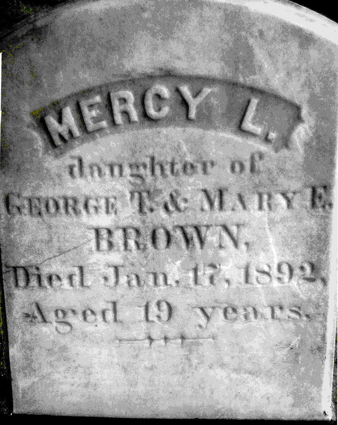 Mercy Brown's weathered gravestone, inscribed Mercy L., daughter of George T. and Mary E. Brown, died January 17, 1892, aged 19 years
