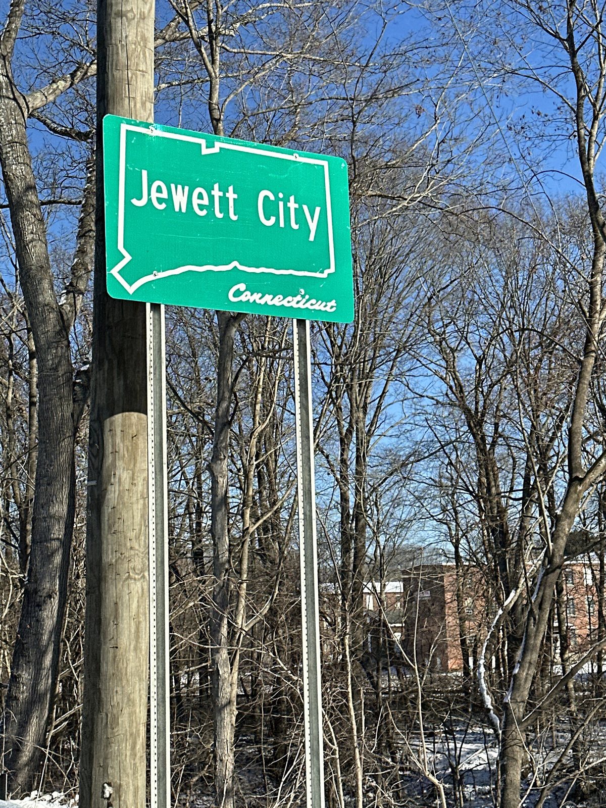 A green Connecticut-shaped Jewett City sign on a pole among bare winter trees
