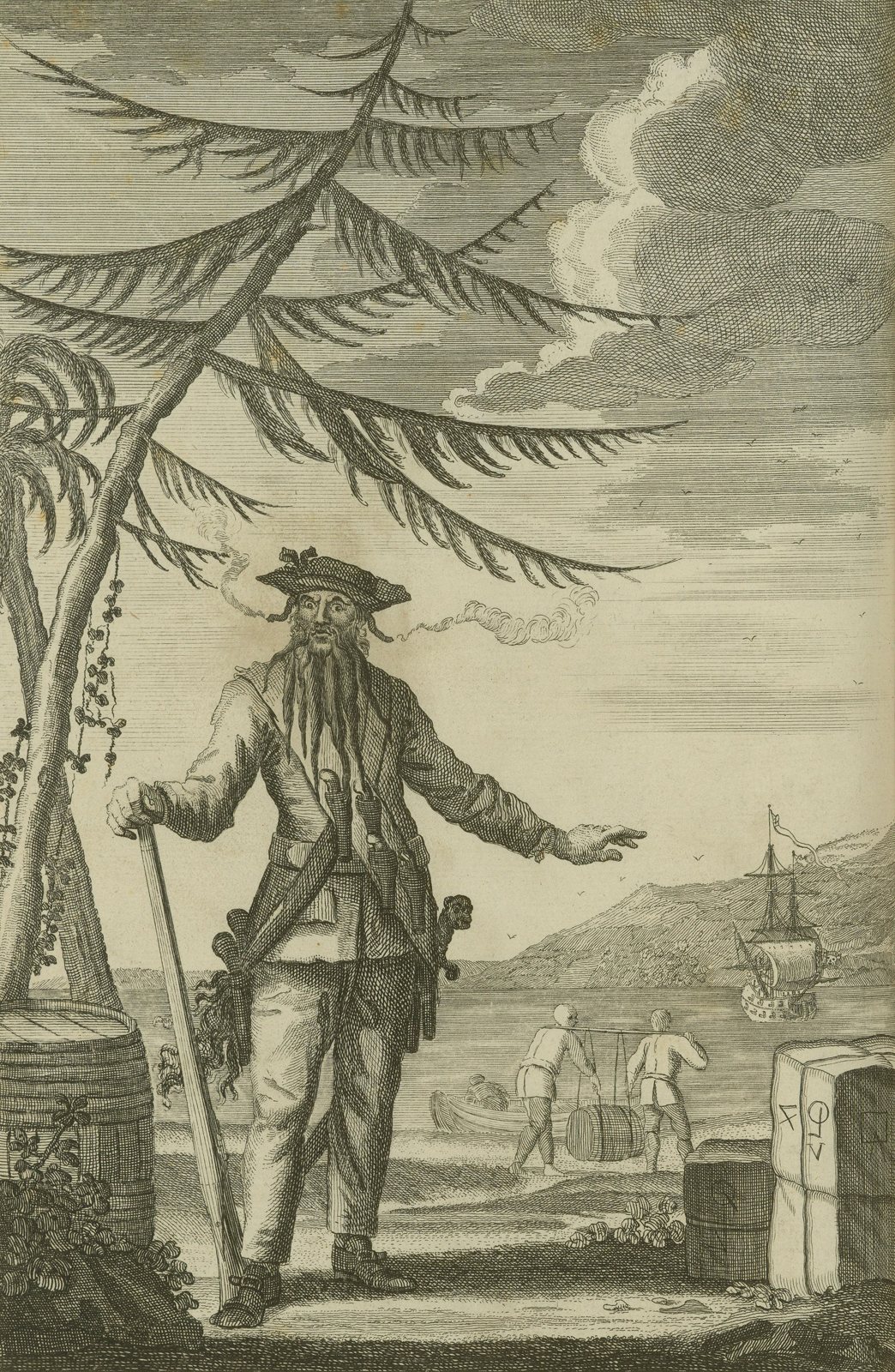 An engraving of a bearded man in a tricorn hat with smoke curling from under it, pistols across his chest, standing by a barrel and bales with a ship and boat behind him