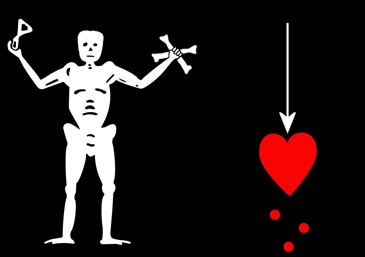 A black flag showing a white skeleton holding an hourglass in one hand and crossed bones in the other, with a dart and a red heart dropping three drops of blood