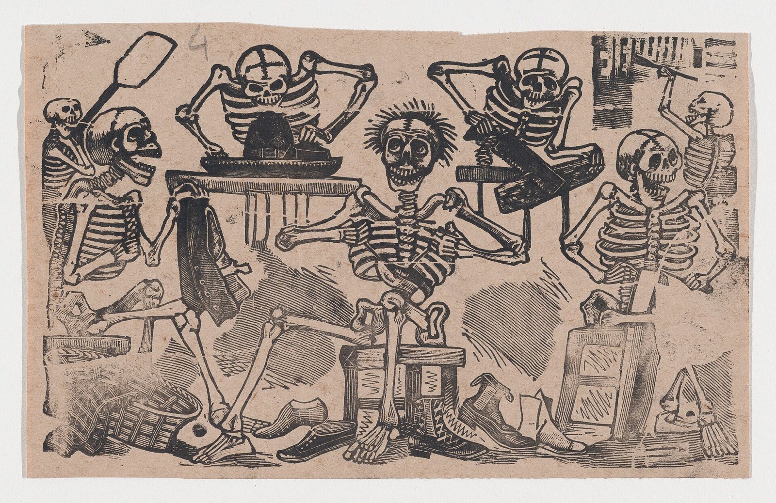 Black-and-white relief print of five skeletons at work in a shop on pinkish paper, with shoes and tools around them