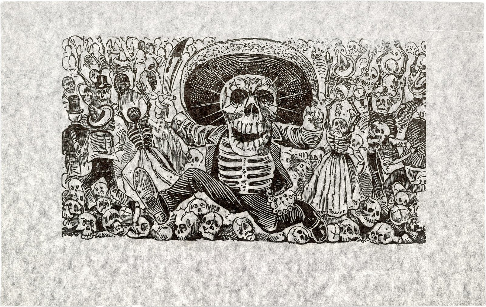 Calavera oaxaqueña: a skeleton in a wide sombrero runs forward brandishing a knife, with a crowd of skeletons and skulls behind him
