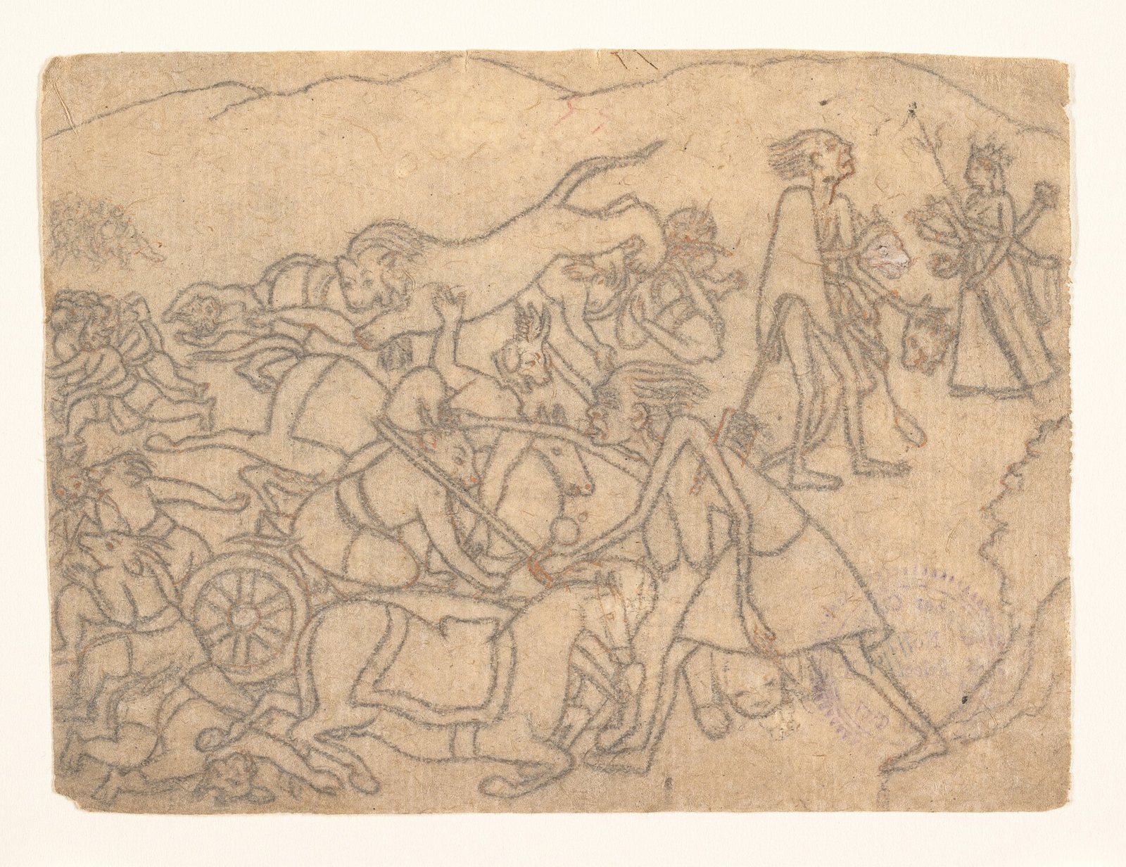Dibujo a lápiz de un campo de batalla lleno de caballos caídos, un carro roto y guerreros demoníacos, mientras una Kali delgada, con dos cabezas sujetas por el cabello, camina hacia una diosa coronada de muchos brazos a la derecha