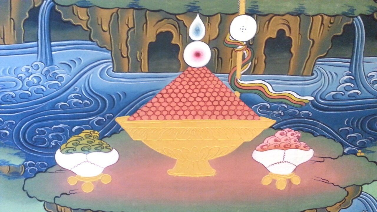 Detail of a Tibetan painting of offerings: a golden bowl heaped with red torma between two white skull cups on gold stands, above blue rushing water