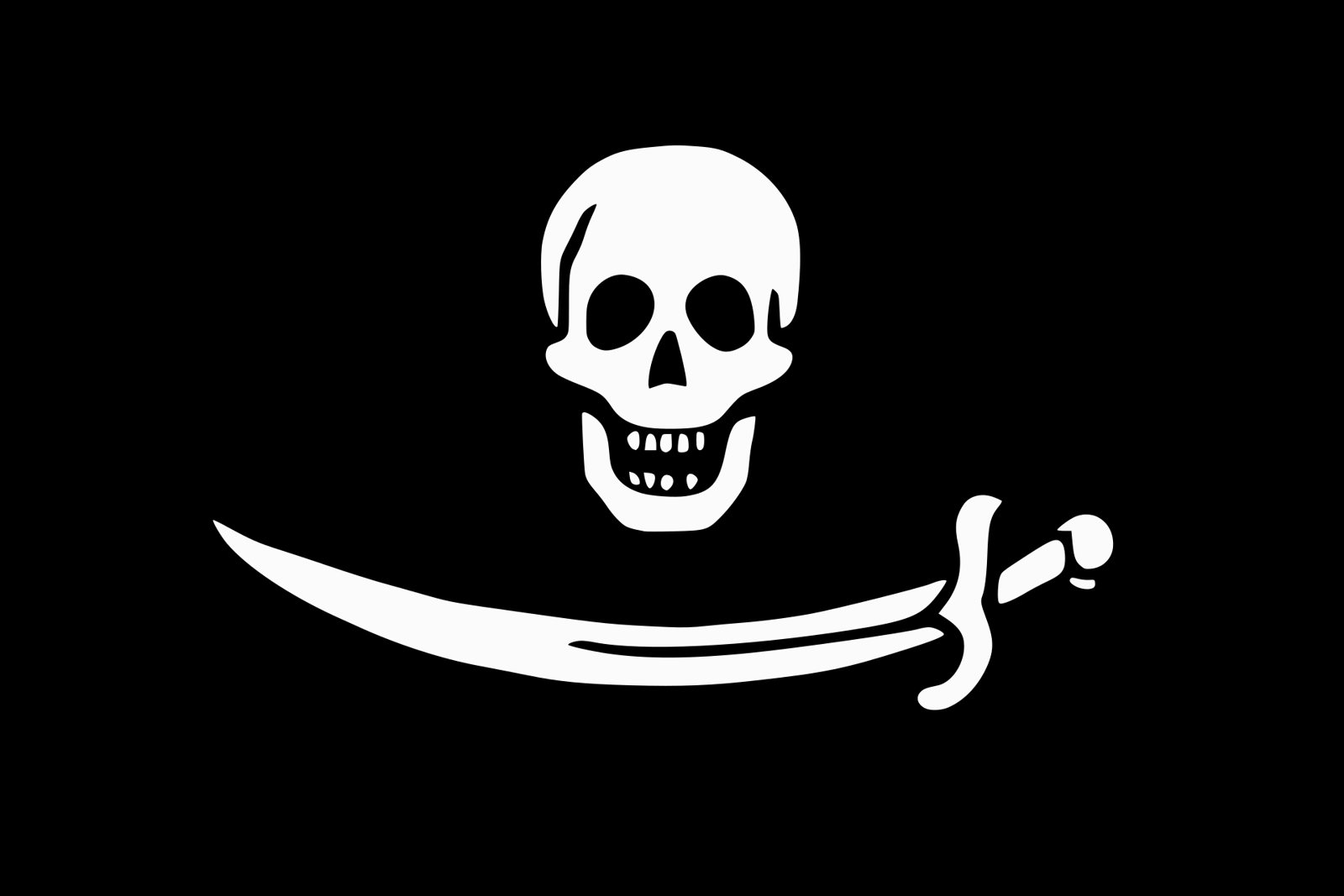 A black flag with a white skull above a white curved sword, the early Jolly Roger flag of the pirate Bartholomew Roberts
