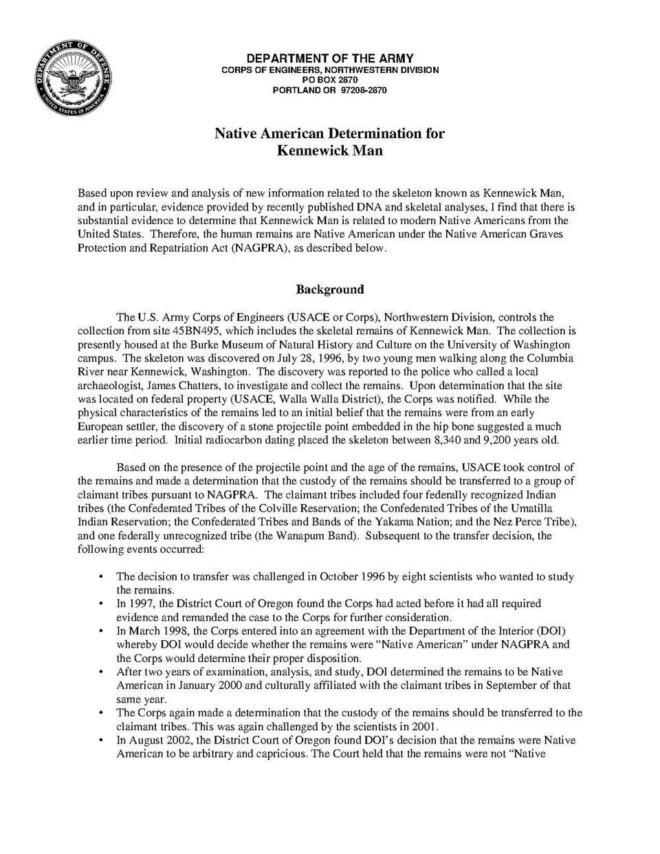 First page of a U.S. Army Corps of Engineers document titled Native American Determination for Kennewick Man, with a background section in black type on white paper