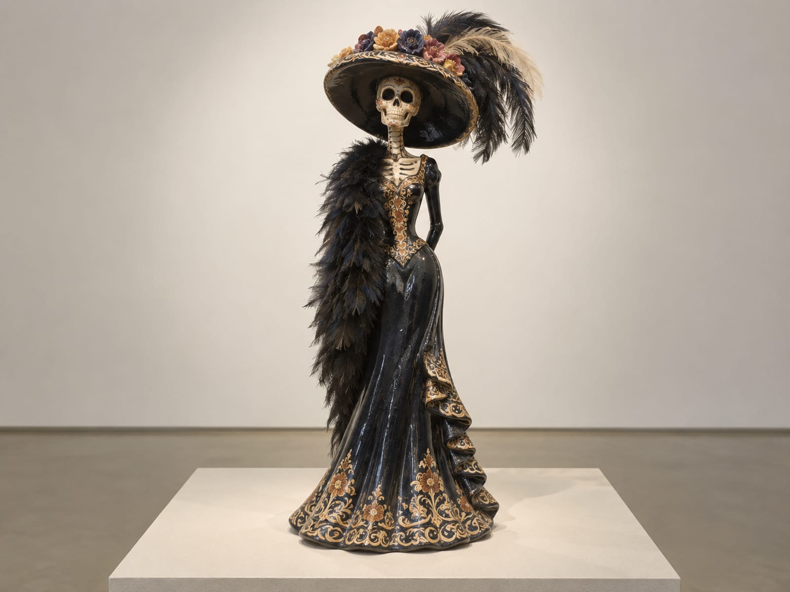 Illustration: Full length clay catrina figurine on a plinth in a long flowing gown with a feather boa over one shoulder and a wide plumed hat under soft gallery lighting