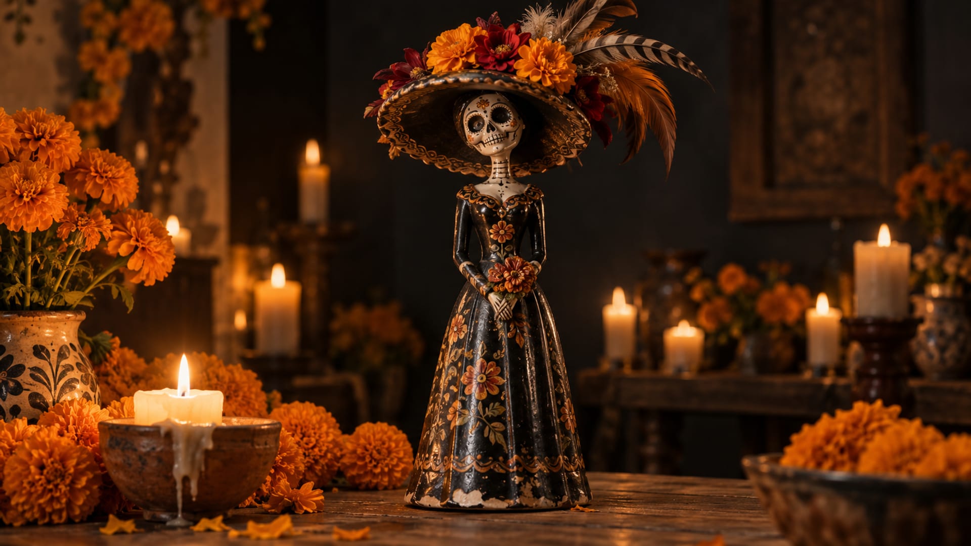 Illustration: Tall painted clay catrina figurine in a long gown and a wide flower and feather hat standing on a wooden table among marigolds and candles