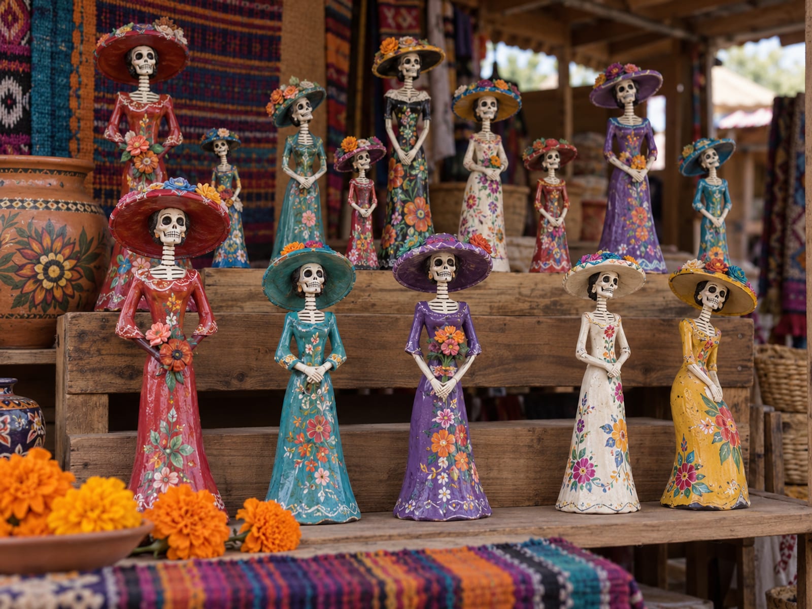 Illustration: Folk art market stall with rows of painted clay and papier mache catrina figurines of different sizes, each in a different colored gown and hat