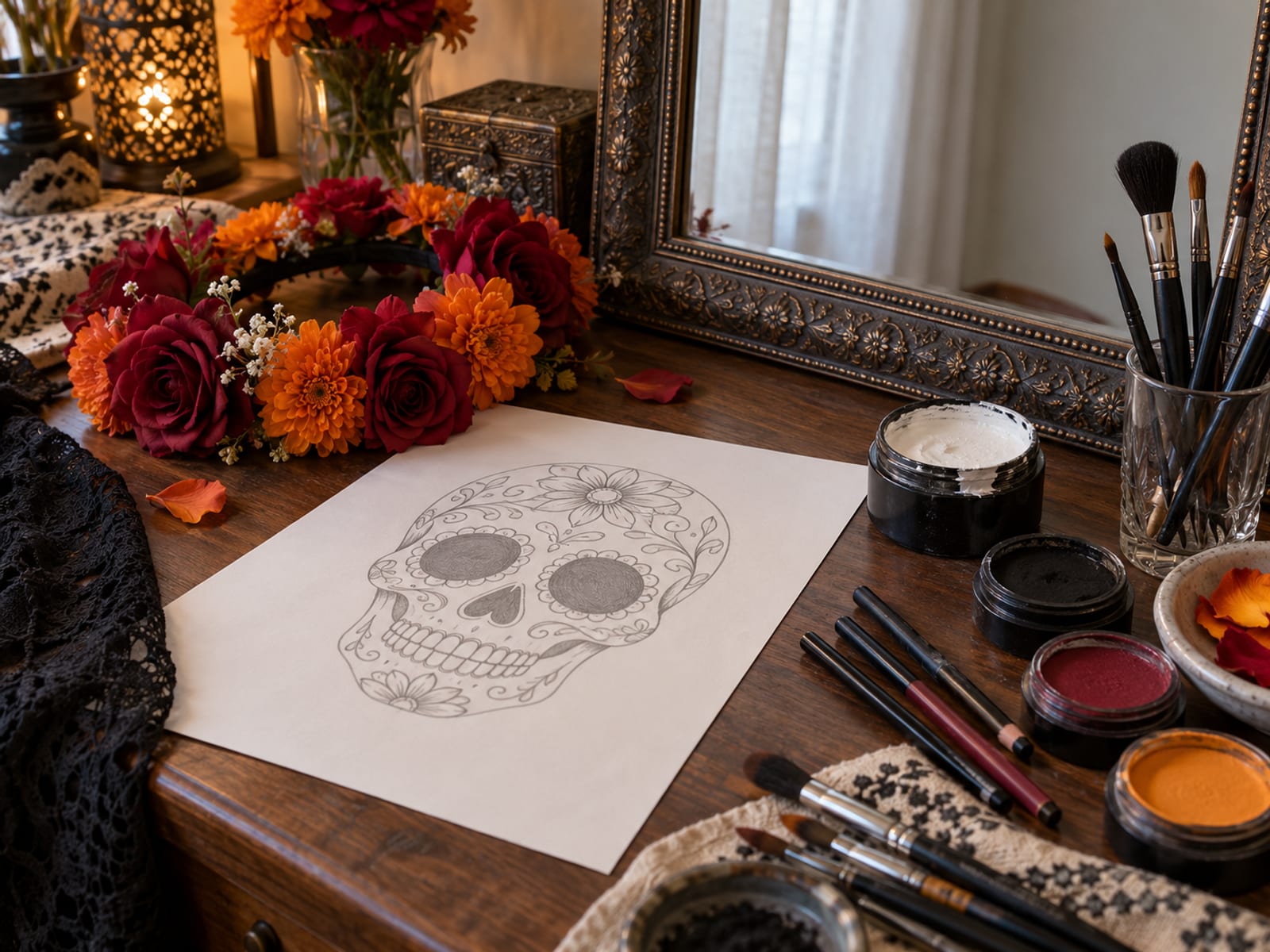 Illustration: Vanity table laid out with white makeup paint, black and colored liners, brushes, a crown of silk roses and marigolds and a pencil sketch of a skull design on paper