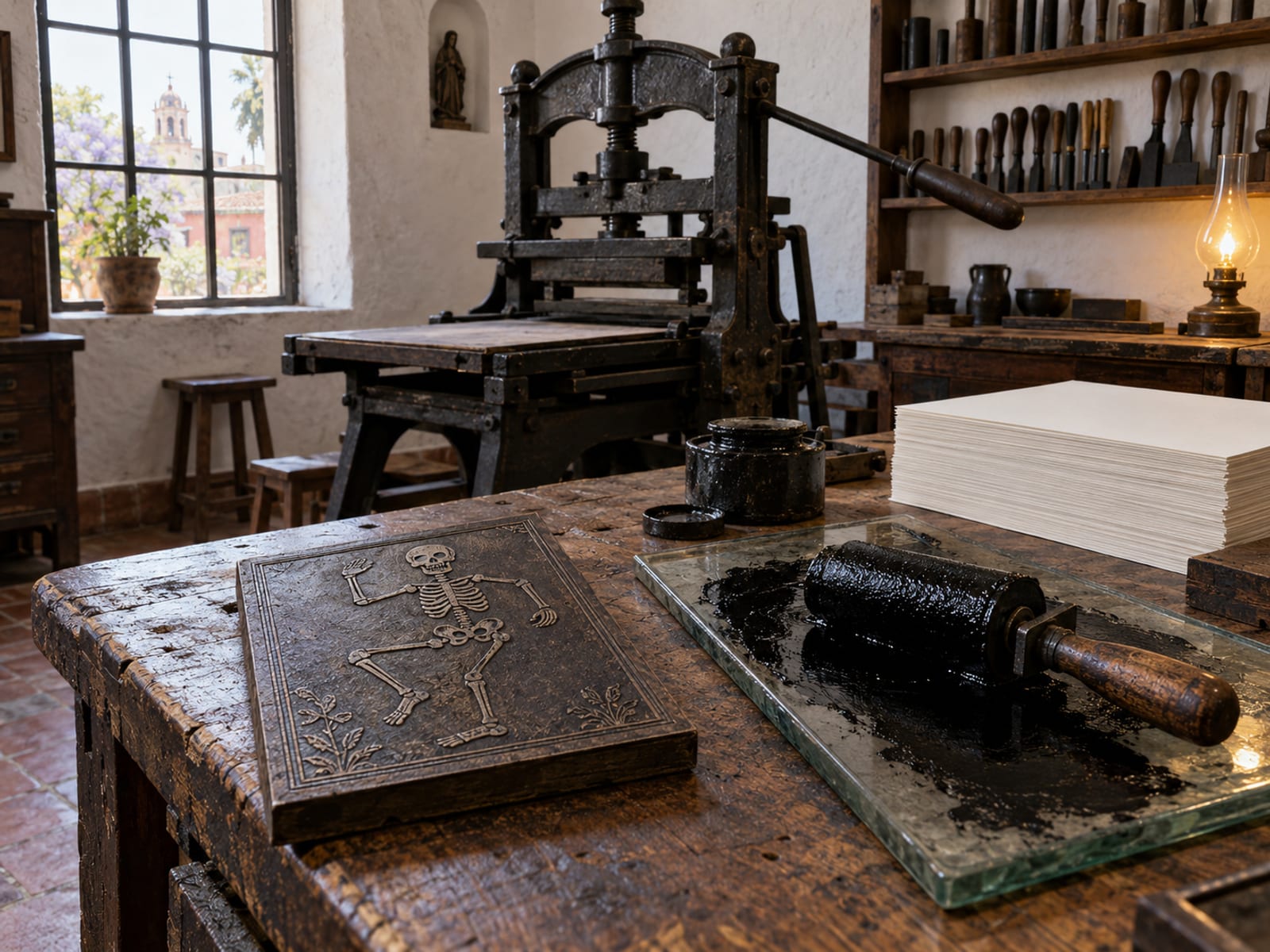 Illustration: Old printmaking workshop with a cast iron press, an ink roller and slab of black ink, a carved relief plate showing a dancing skeleton and a stack of blank paper