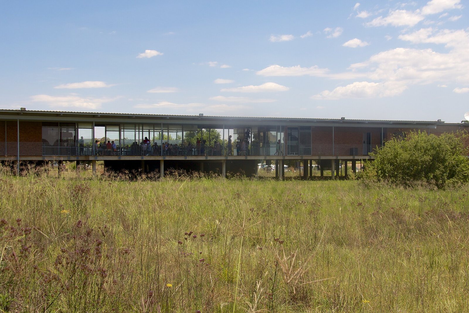 A long, low visitor building with a raised walkway standing at the edge of a field of tall grass under a blue sky with scattered clouds