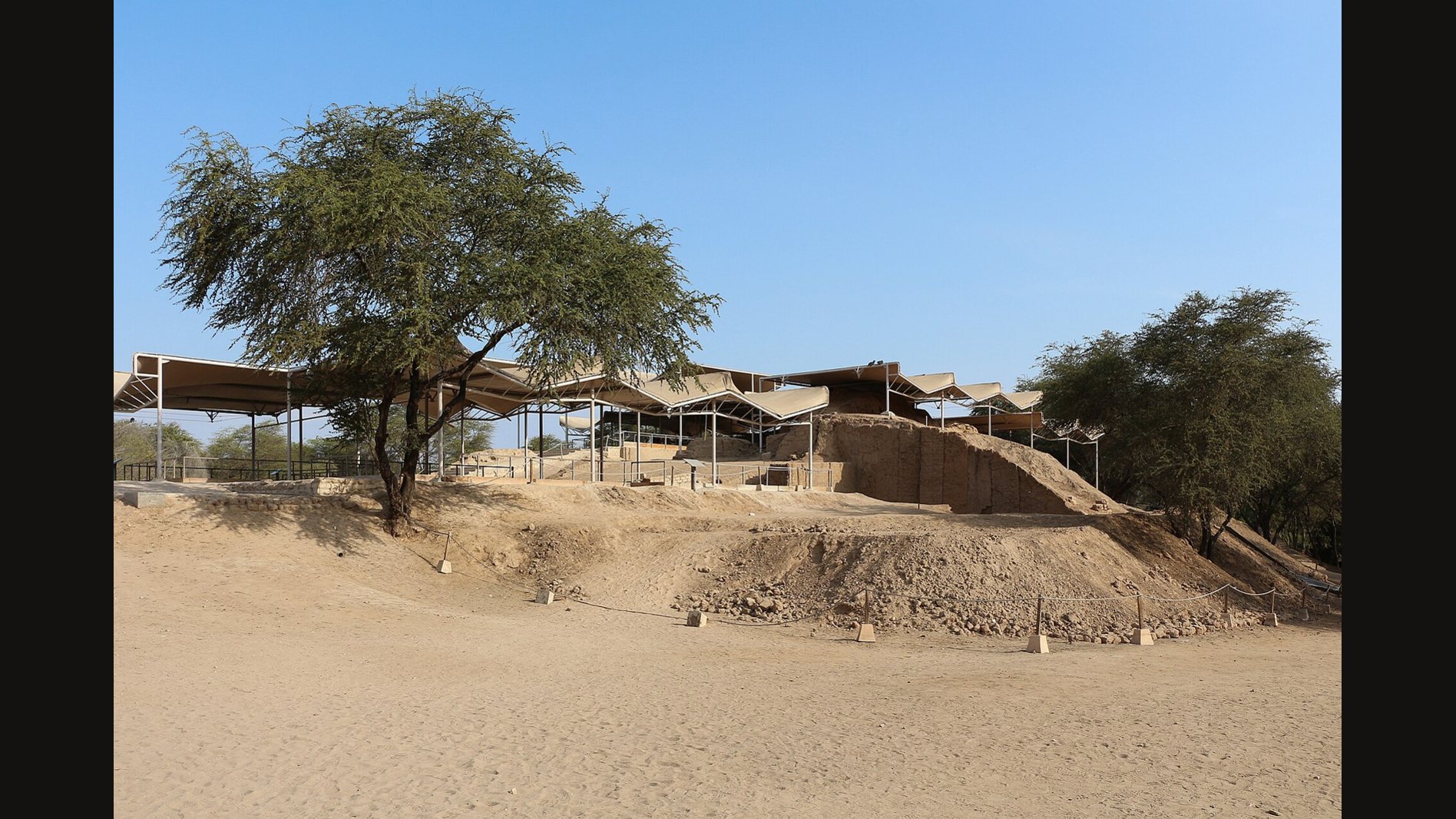 El sitio de Huaca Rajada en Lambayeque, Perú: una excavación techada de muros de adobe claro junto a un árbol frondoso, sobre tierra seca de desierto y bajo un cielo azul despejado