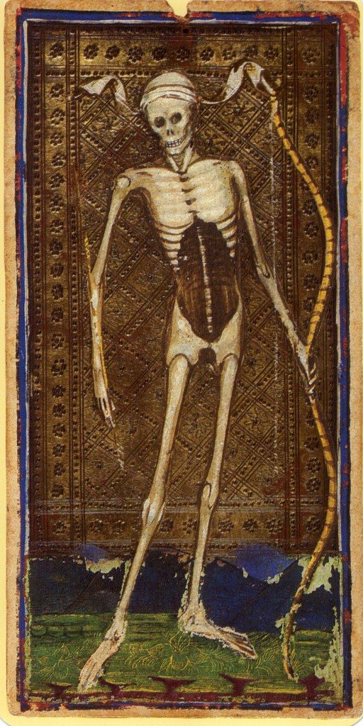 A skeleton with a bound headcloth and a bow in its hand striding across a green meadow on a gold patterned ground, the Death card of the Visconti-Sforza tarot
