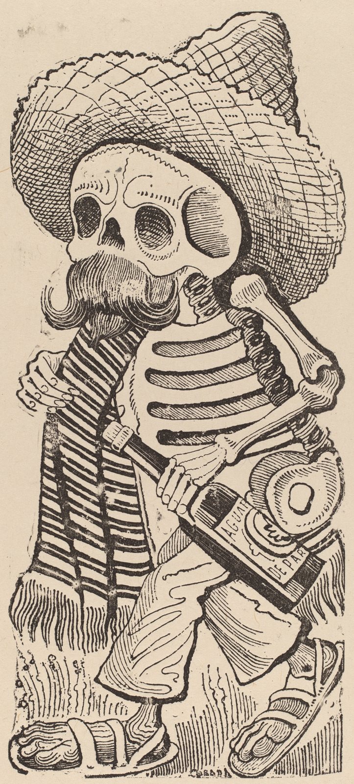 A black-and-white print of a skeleton with a large mustache, a wide straw sombrero and a striped serape, carrying a big bottle under one arm
