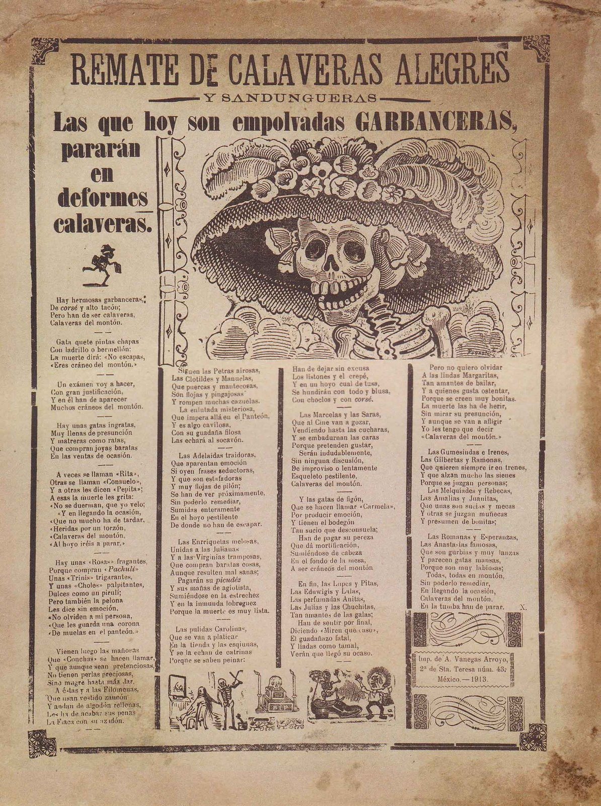 A broadsheet headed Remate de calaveras alegres y sandungueras showing a skeleton in a flowered hat above columns of verses