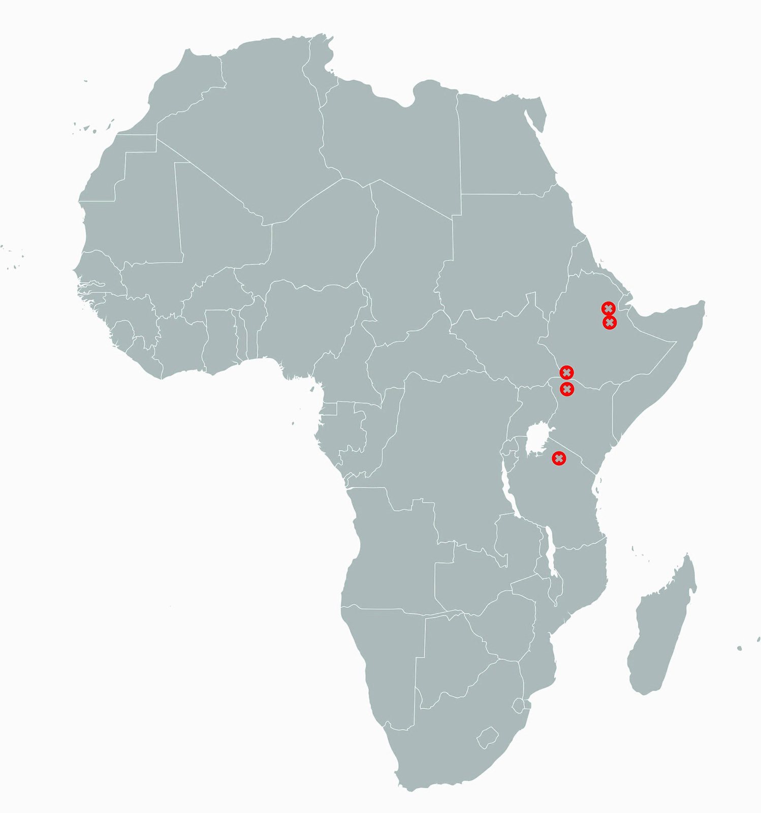 Grey map of Africa with red markers along the east side, in Ethiopia, Kenya and Tanzania, showing Australopithecus afarensis fossil sites