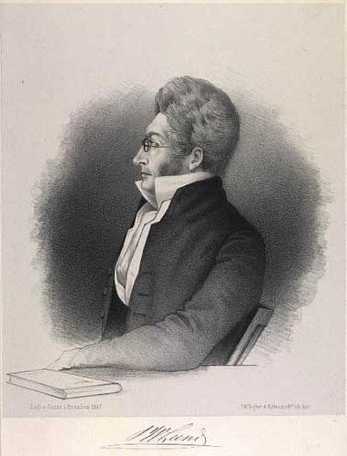A black-and-white lithograph portrait of Peter Wilhelm Lund in profile, a man with swept-back hair, a high collar and a dark coat