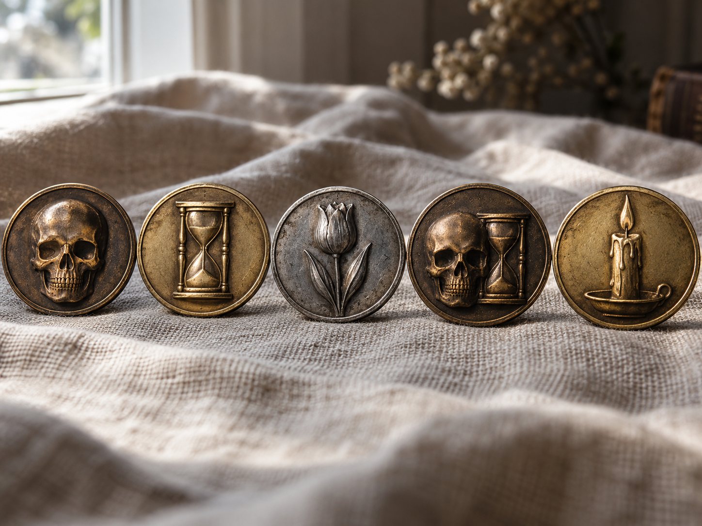 Illustration: Row of five medallions in bronze, brass and silver on a linen cloth, with raised reliefs of a skull, an hourglass, a tulip, a skull with an hourglass and a candle
