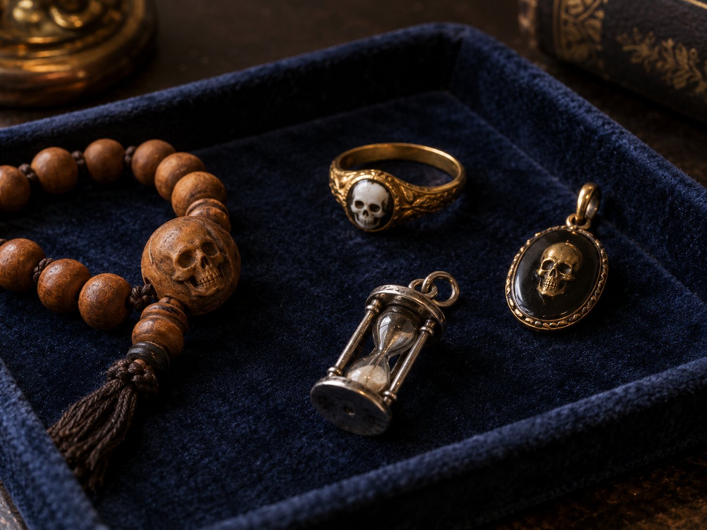 Illustration: Dark velvet tray holding replicas of old memento mori objects: a carved boxwood prayer bead with a skull, a gold ring with an enamelled skull, a black enamel skull pendant and a silver hourglass charm