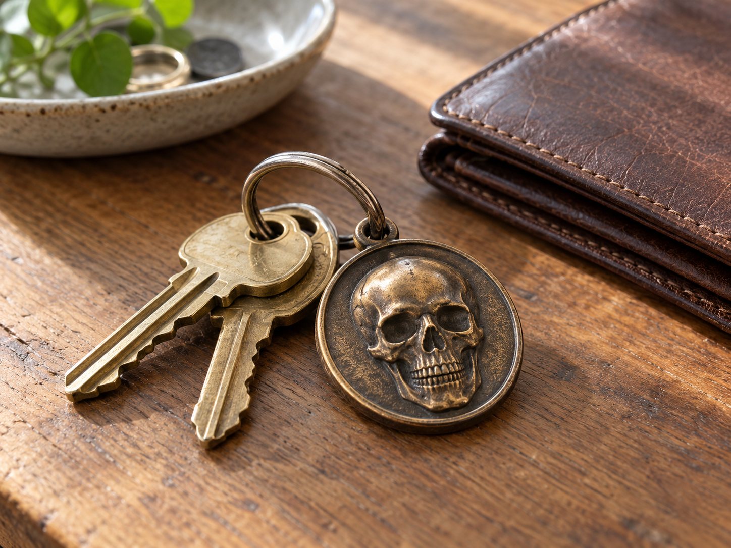 Illustration: Small bronze skull-relief medallion on a plain keyring beside brass keys and a folded leather wallet on a wooden entry table