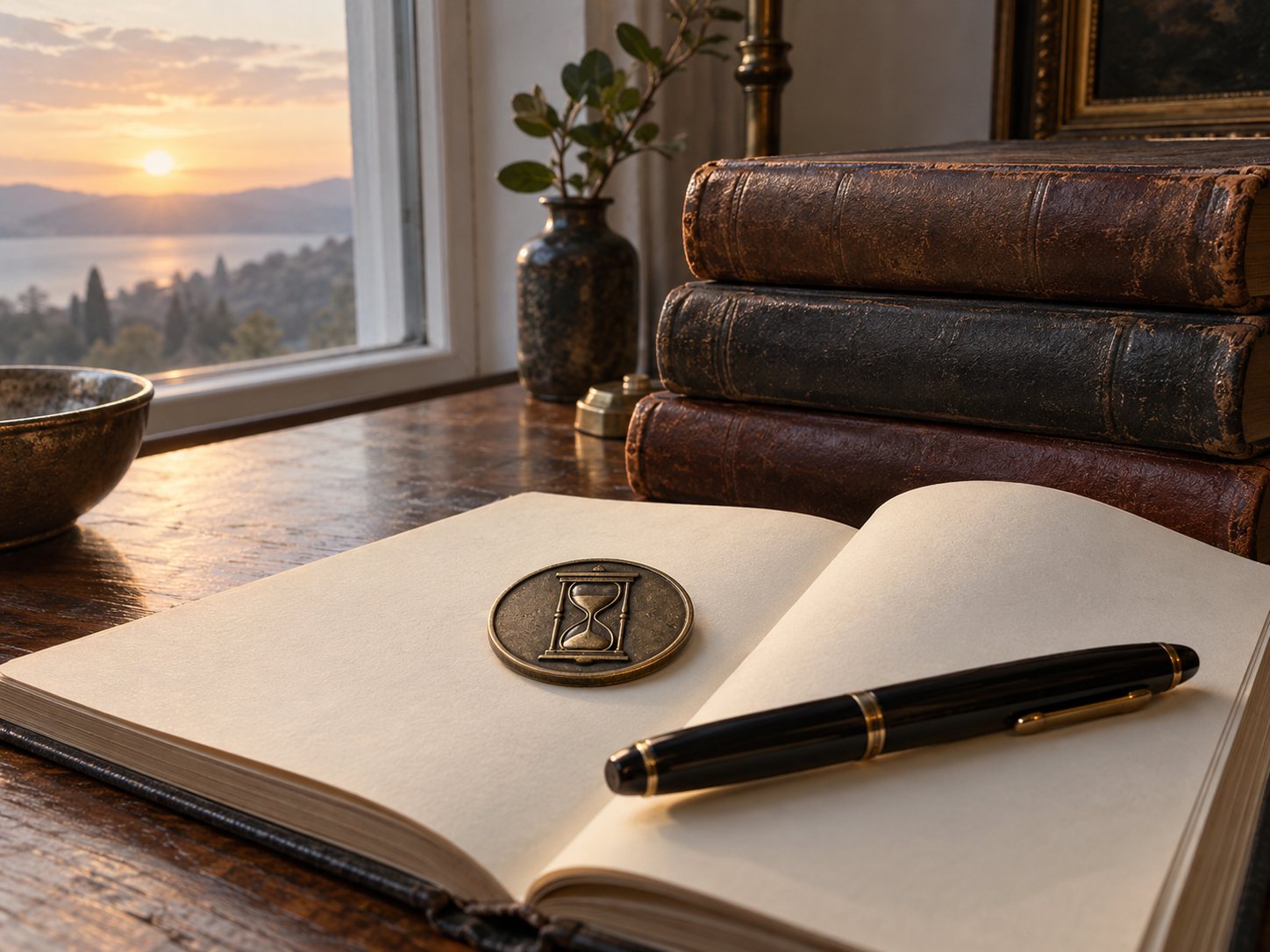 Illustration: Stack of old leather-bound books with blank spines, an open blank notebook, a fountain pen and a bronze hourglass medallion on a desk by a window in early morning light