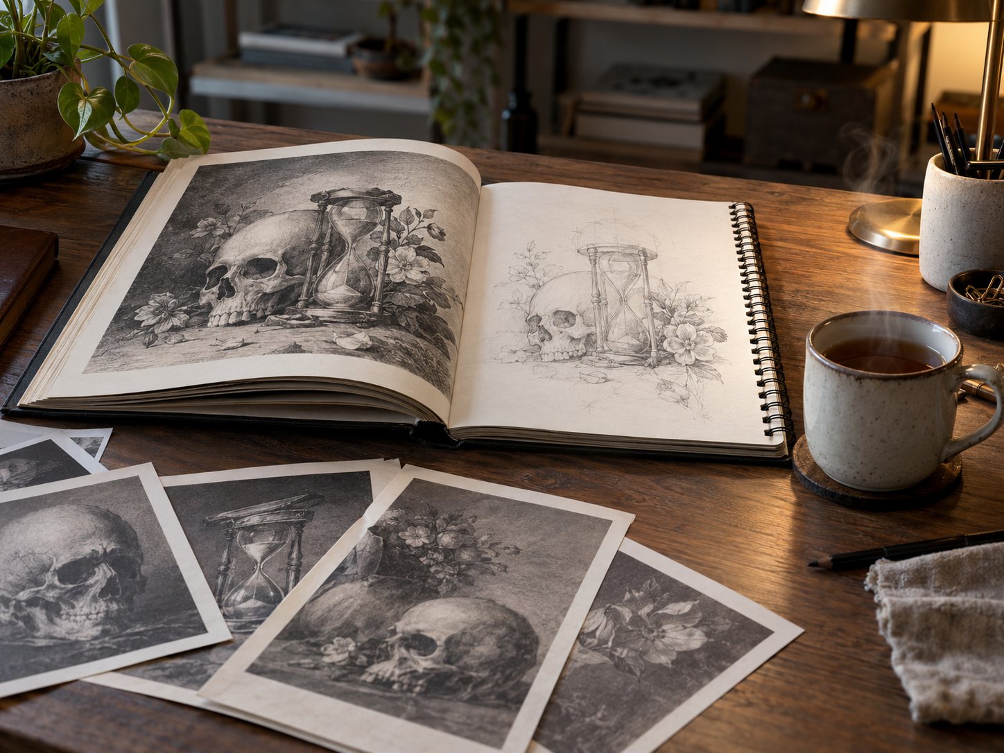 Illustration: Tattoo consultation desk with an open reference book showing an engraving-style skull, hourglass and fading flowers, a sketchbook with a pencil draft of the design, loose prints and a cup of tea