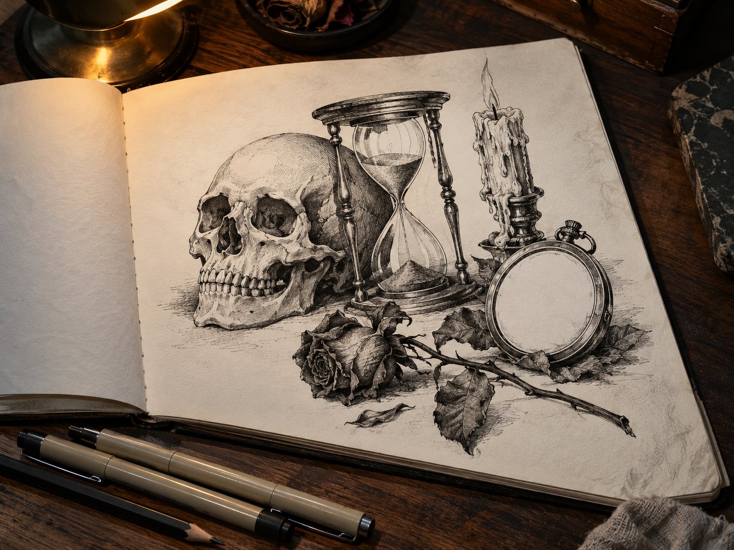 Illustration: Open sketchbook on a dark wooden desk with black ink tattoo designs of a skull beside an hourglass, a candle, a clock with a blank face and a drooping rose, with pens and a pencil