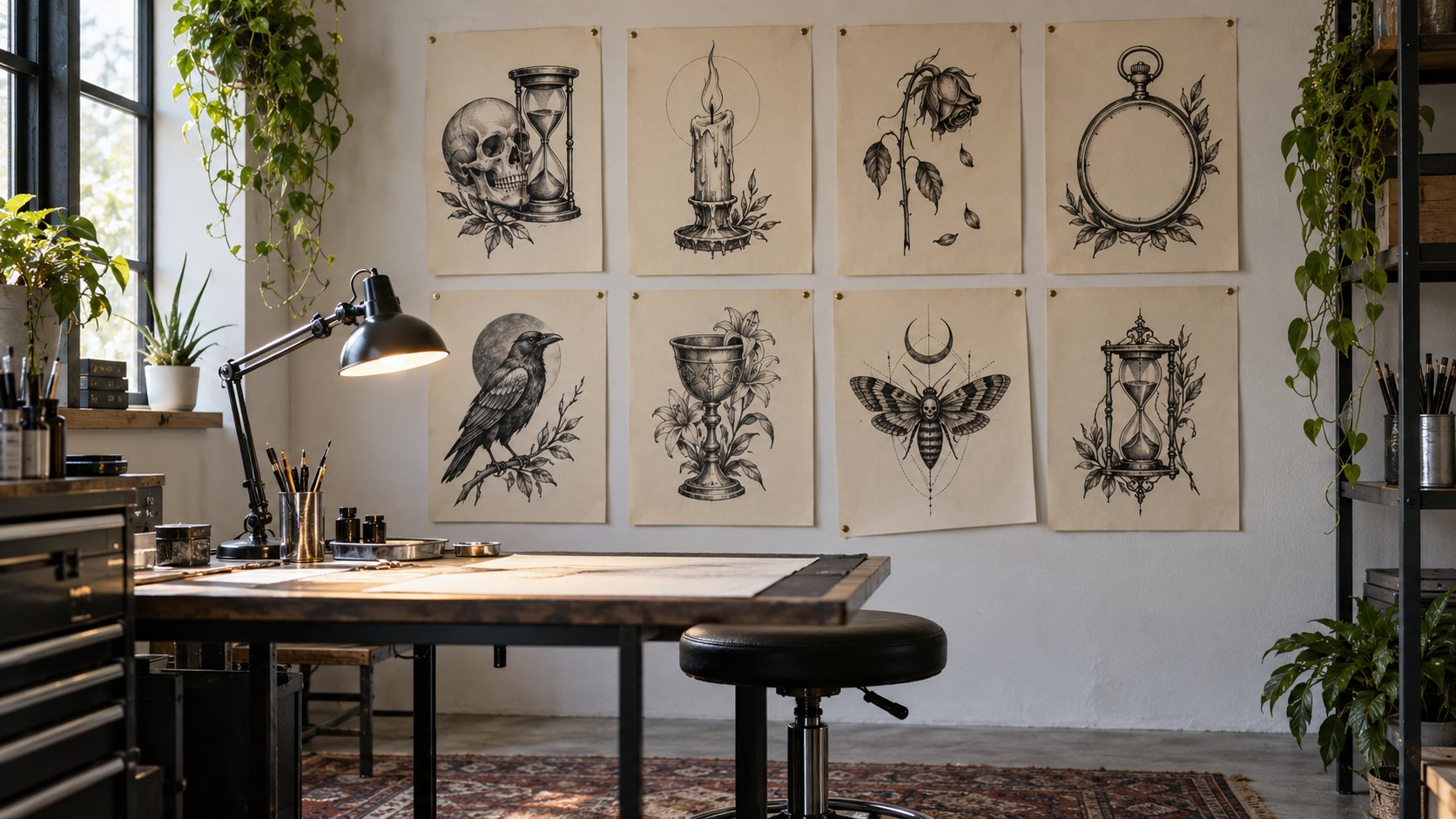 Illustration: Tidy tattoo studio wall with flash sheets pinned in a neat grid showing black and grey designs of a skull with an hourglass, a burning candle, a wilting rose and a pocket watch, above an empty drawing desk
