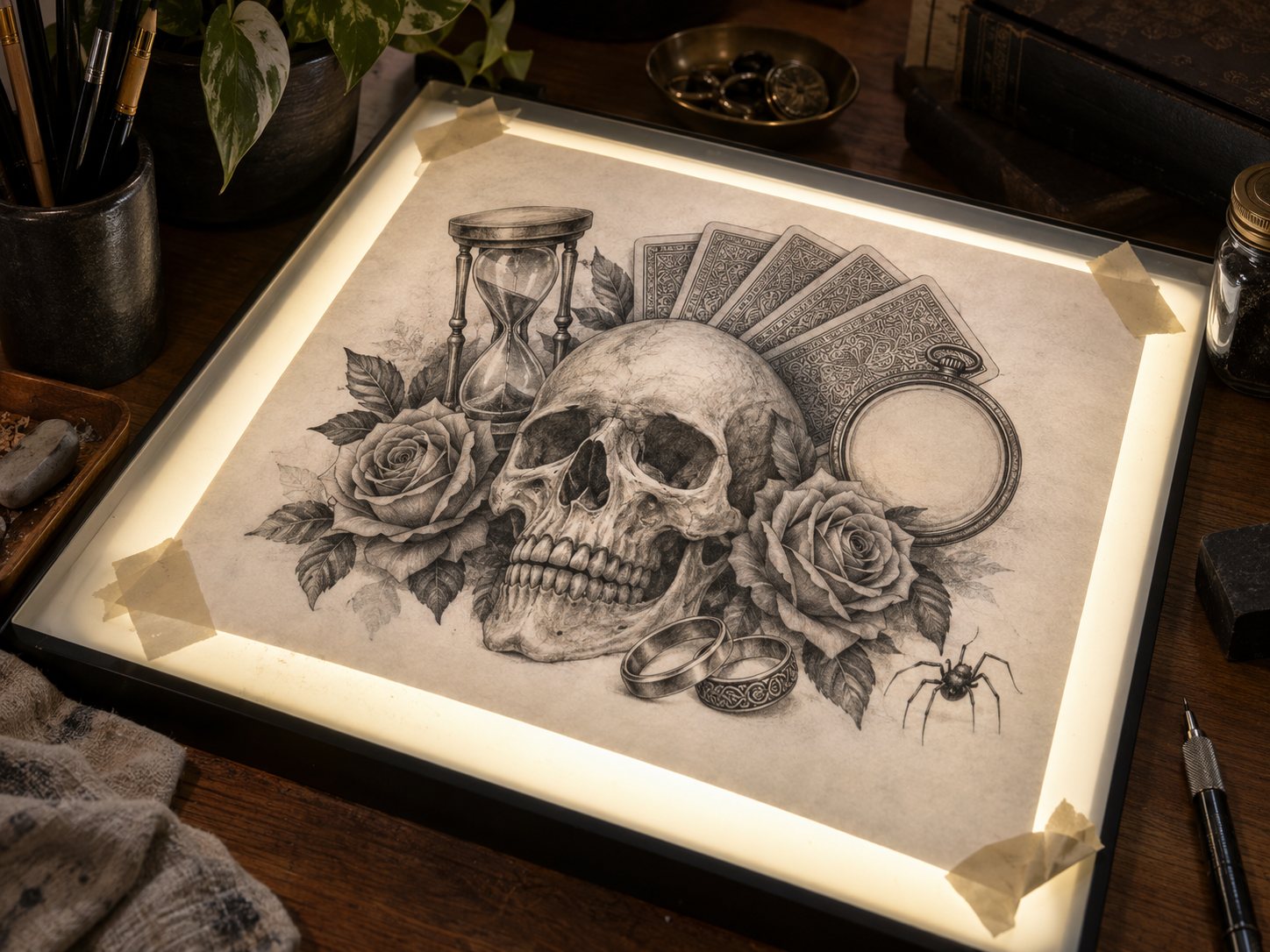 Illustration: Large tattoo design on tracing paper taped to a light table, combining a skull, roses, two rings, playing cards shown from their backs, an hourglass, a blank clock and a small spider