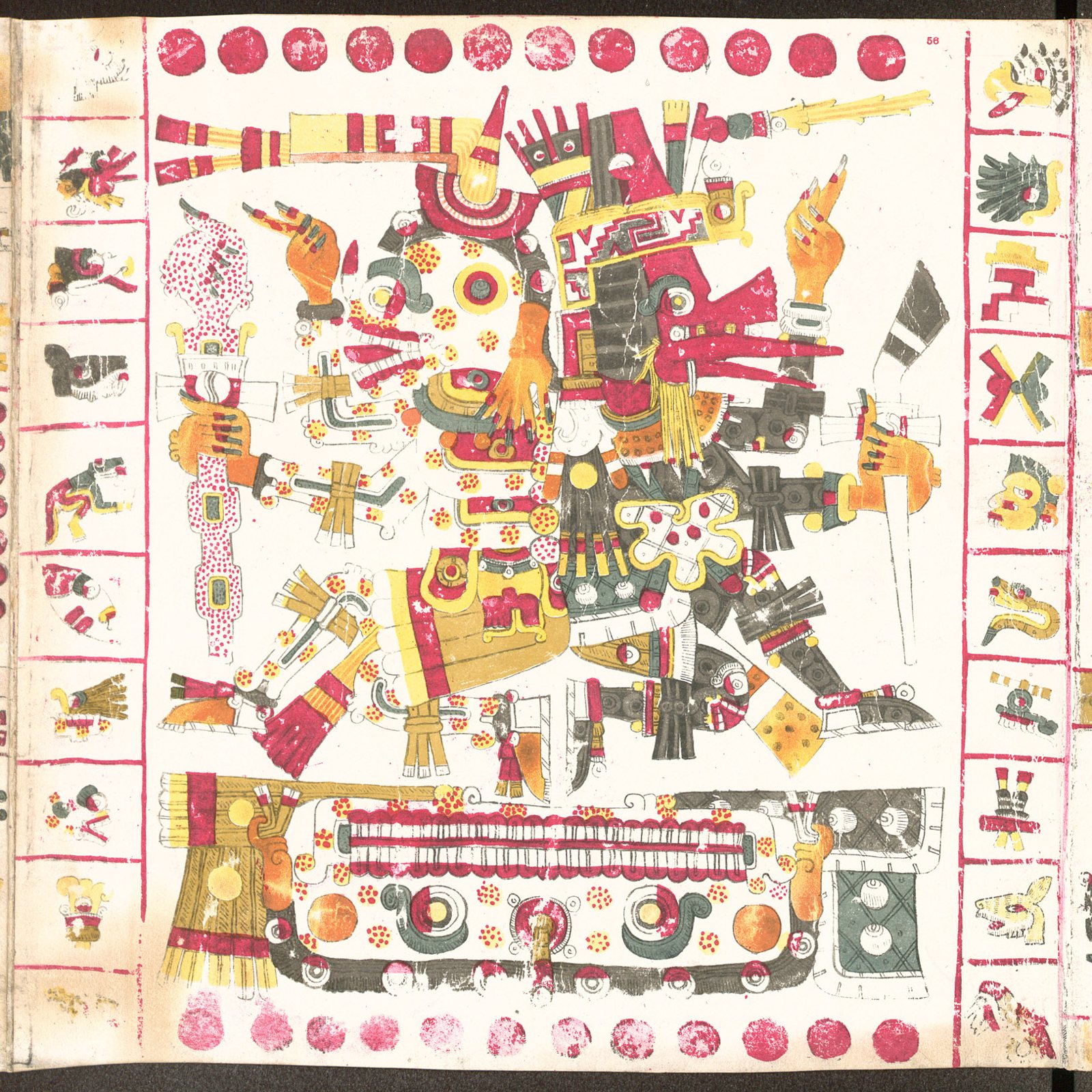 Brightly painted codex page: a pale, skeletal figure dotted with red stands back to back with a dark figure in a red beaked mask, framed by a border of day signs and red circles