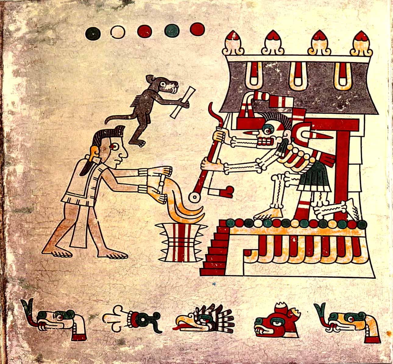 Codex page: a man holds his hands over a brazier of flames before a skeletal figure seated in a temple with a staff, while a dark dog-like animal leaps above the man, with day signs along the bottom