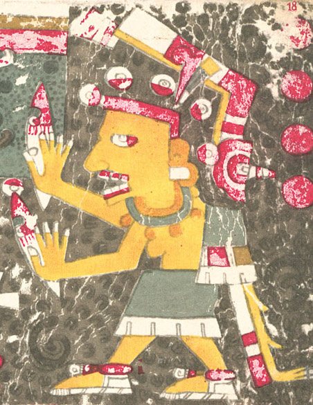 Codex detail of a yellow-bodied goddess with a fleshless, toothy jaw, clawed hands raised, a red and white headdress and a green skirt, against a dark spotted background