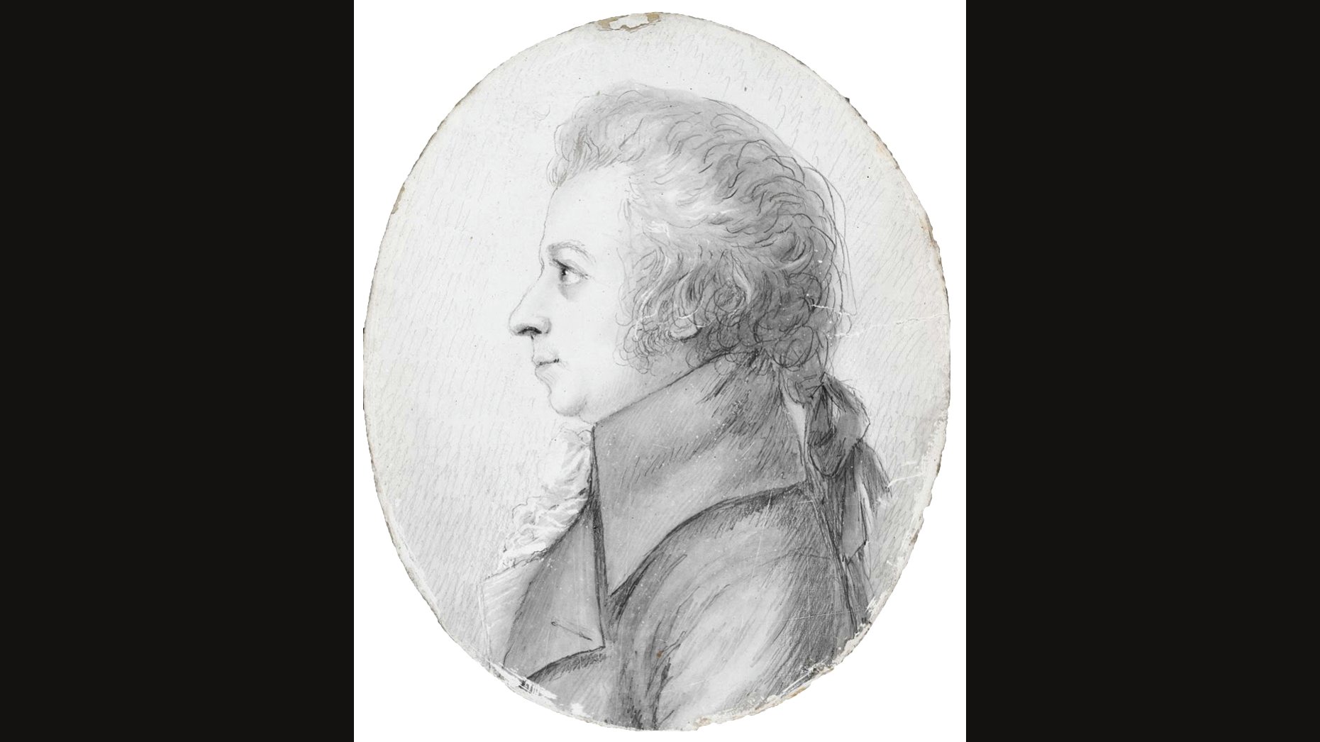 Doris Stock's 1789 silverpoint drawing of Mozart in an oval, in profile facing left, with curled hair tied back with a ribbon and a high-collared coat