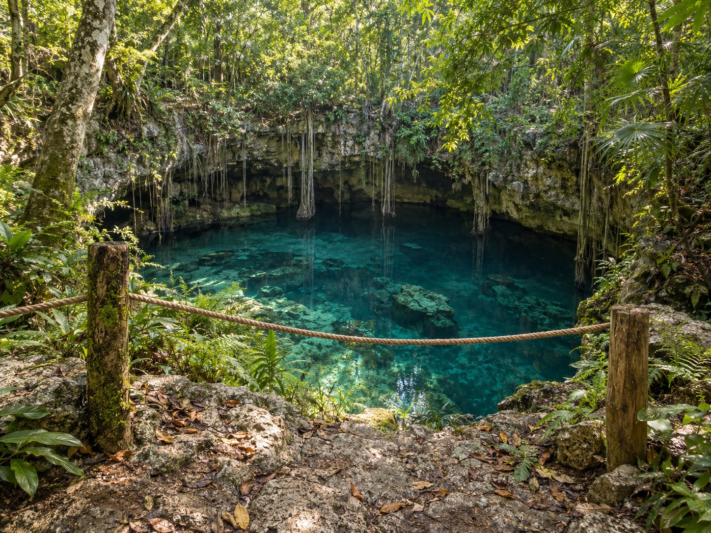Illustration: Limestone cenote entrance ringed by green jungle with tree roots hanging toward turquoise water and a plain rope barrier across a narrow path at the rim