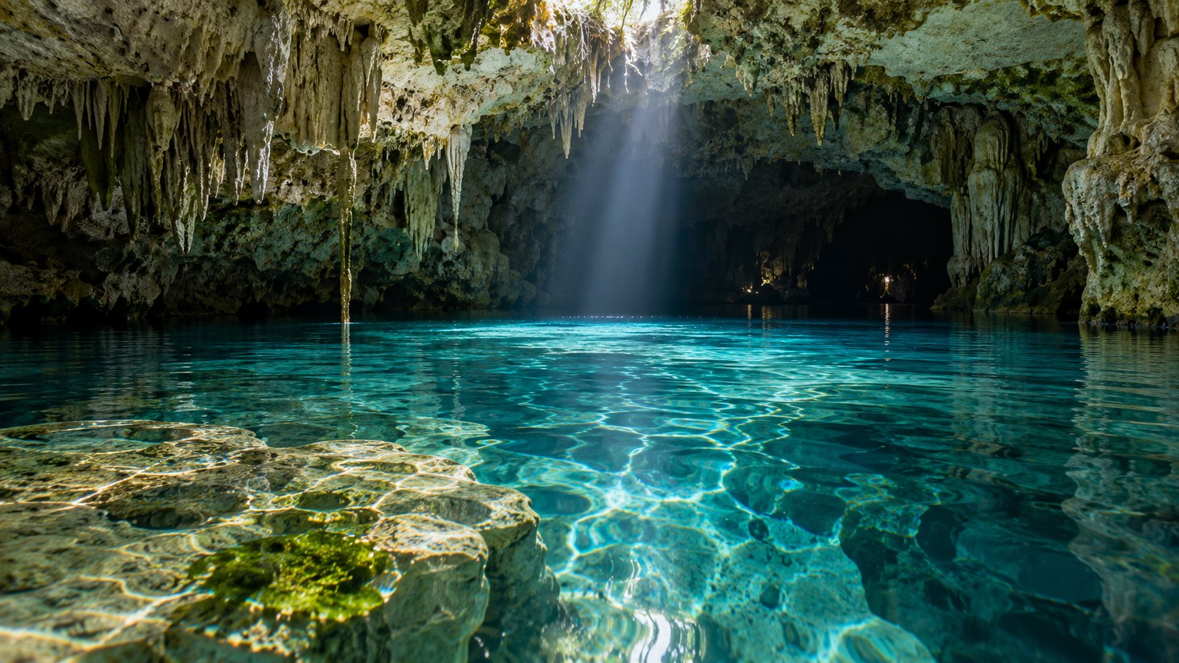 Illustration: Flooded cenote cave with crystal clear turquoise water, stalactites on a limestone ceiling, a shaft of daylight and tiny glowing lights deep in the passage
