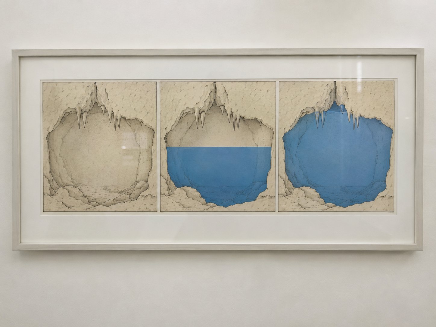 Illustration: Museum display illustration of a limestone cave cutaway in three stages from a dry floor to half full of water to fully flooded, with no labels
