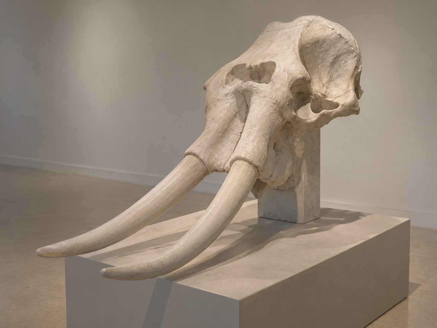 Illustration: Plaster cast replica of a gomphothere skull with long tusks on a plain museum plinth under a soft gallery spotlight against a pale wall