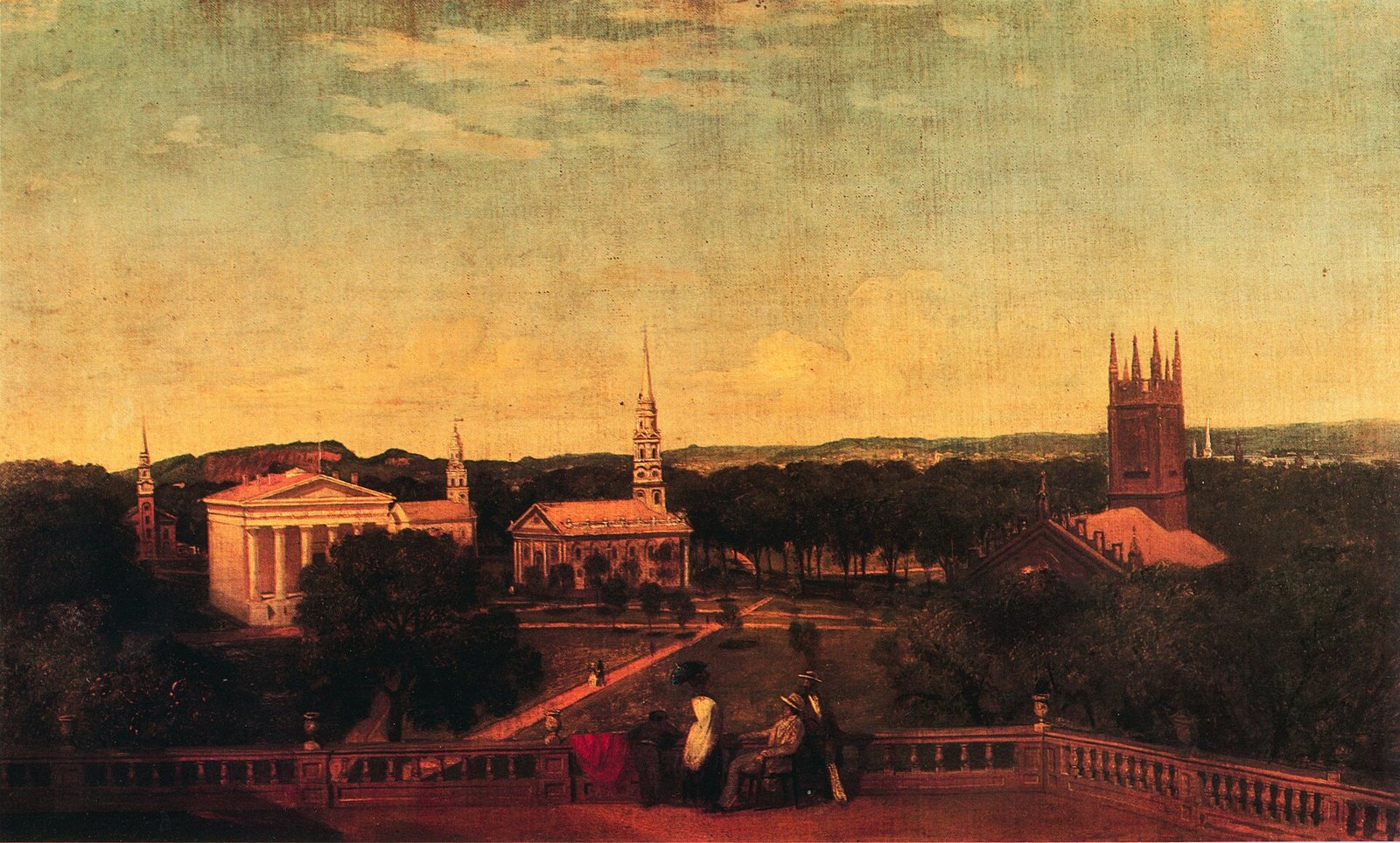A painting of the New Haven Green at sunset, with church steeples and a Gothic tower beyond the trees and figures on a terrace in the foreground