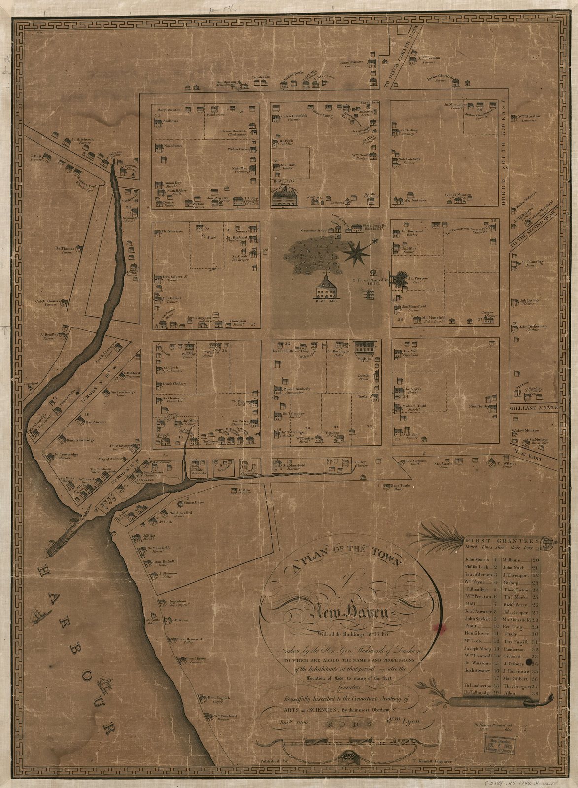 An old plan of New Haven laid out in nine squares with the Green in the center square, the harbor at the lower left and a key listing inhabitants