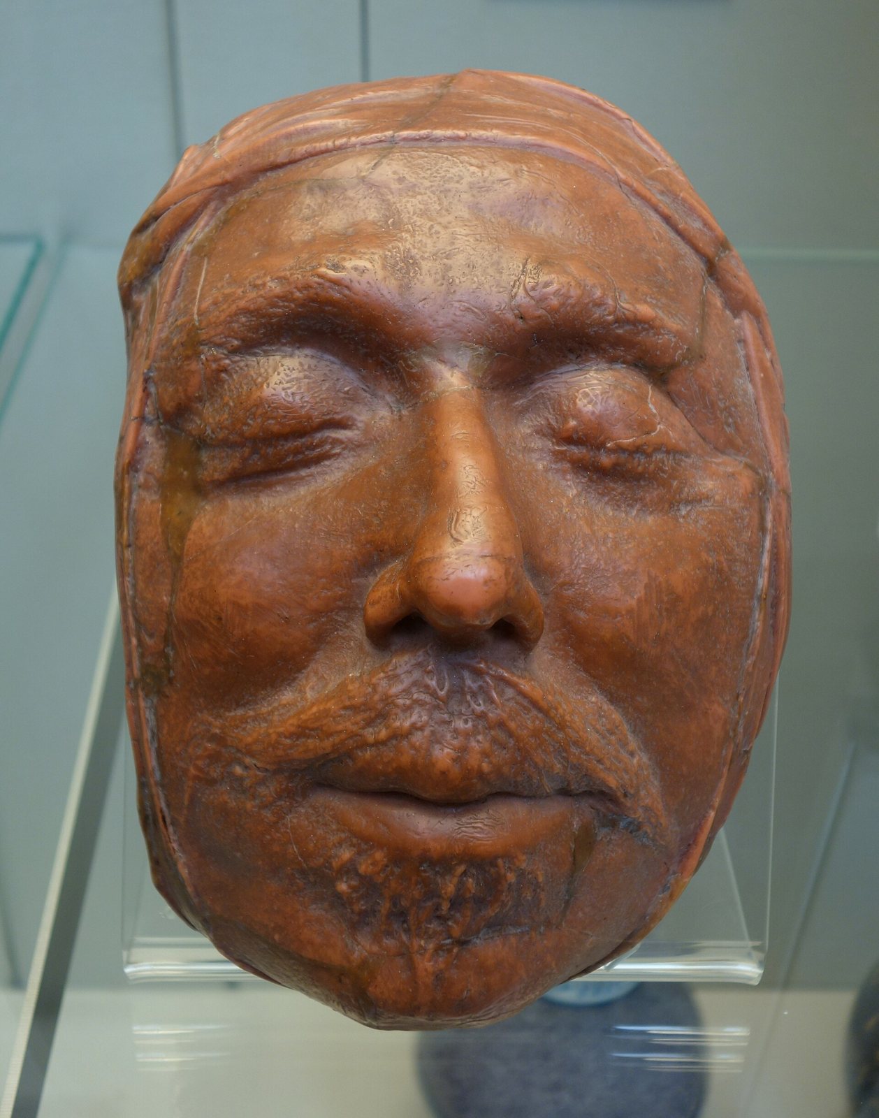 A reddish-brown wax death mask of Oliver Cromwell on a clear stand, with closed eyes, a broad nose, a moustache and a small tuft of beard below the lip