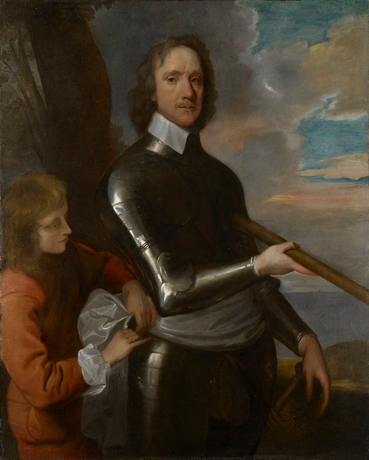 Oil portrait of Oliver Cromwell in dark armour with a white collar, holding a baton, while a page in a red coat ties a sash at his waist