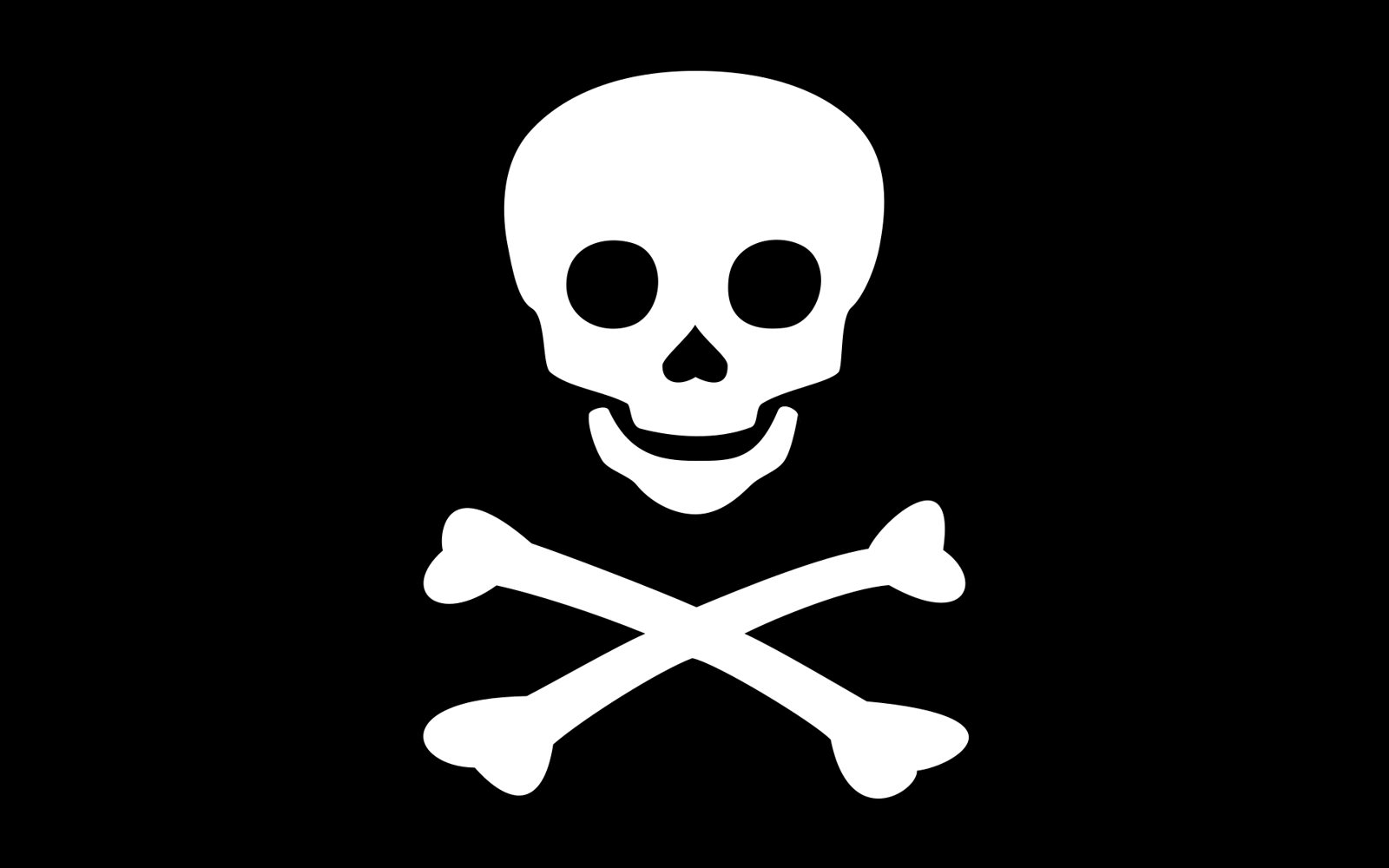 Una bandera negra lisa con una calavera blanca sobre dos huesos cruzados, la clásica Jolly Roger pirata