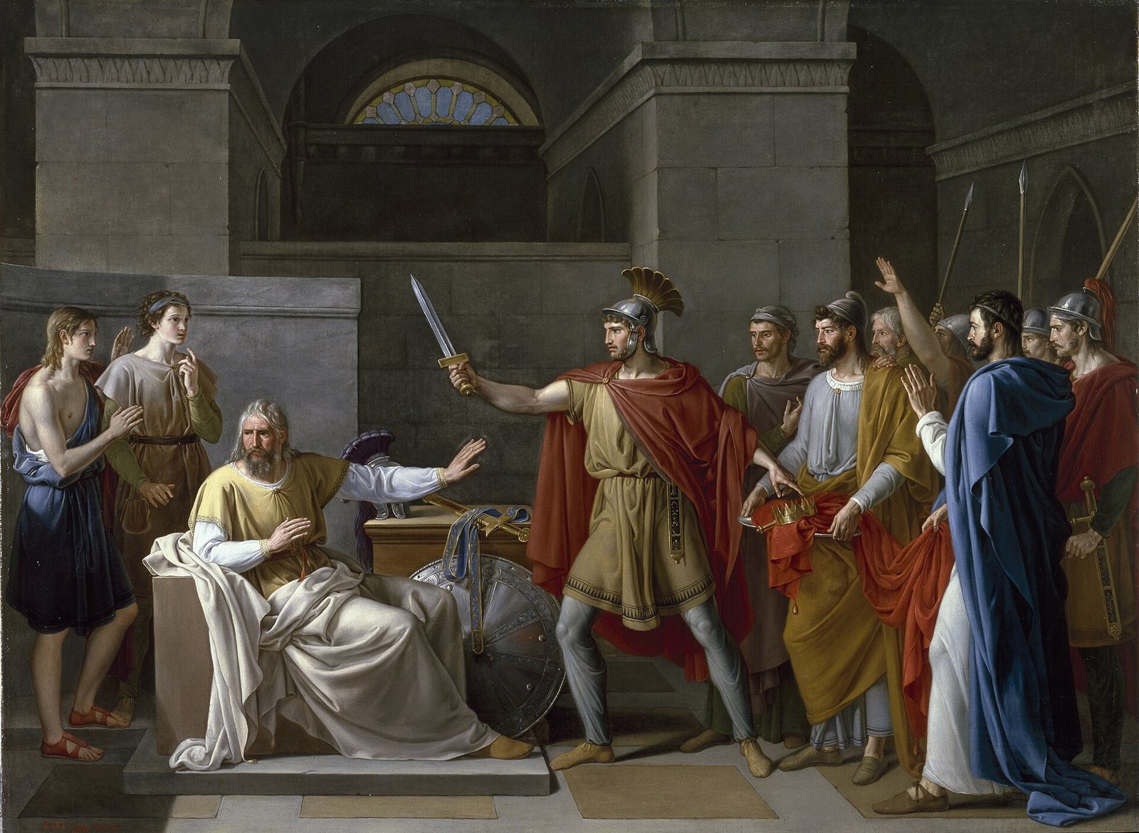 A painting of the Visigothic king Wamba seated at a table, with a man in a red cloak and helmet raising a sword in front of him and other figures looking on in a stone hall