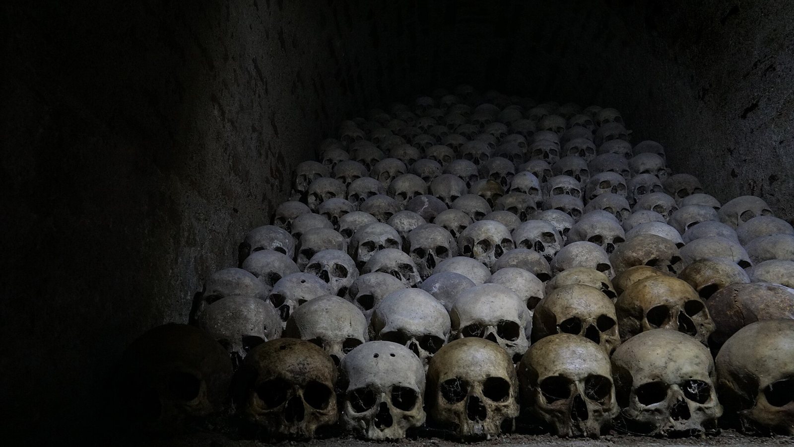 Rows of human skulls stacked in a dark vaulted room of the Brno Ossuary