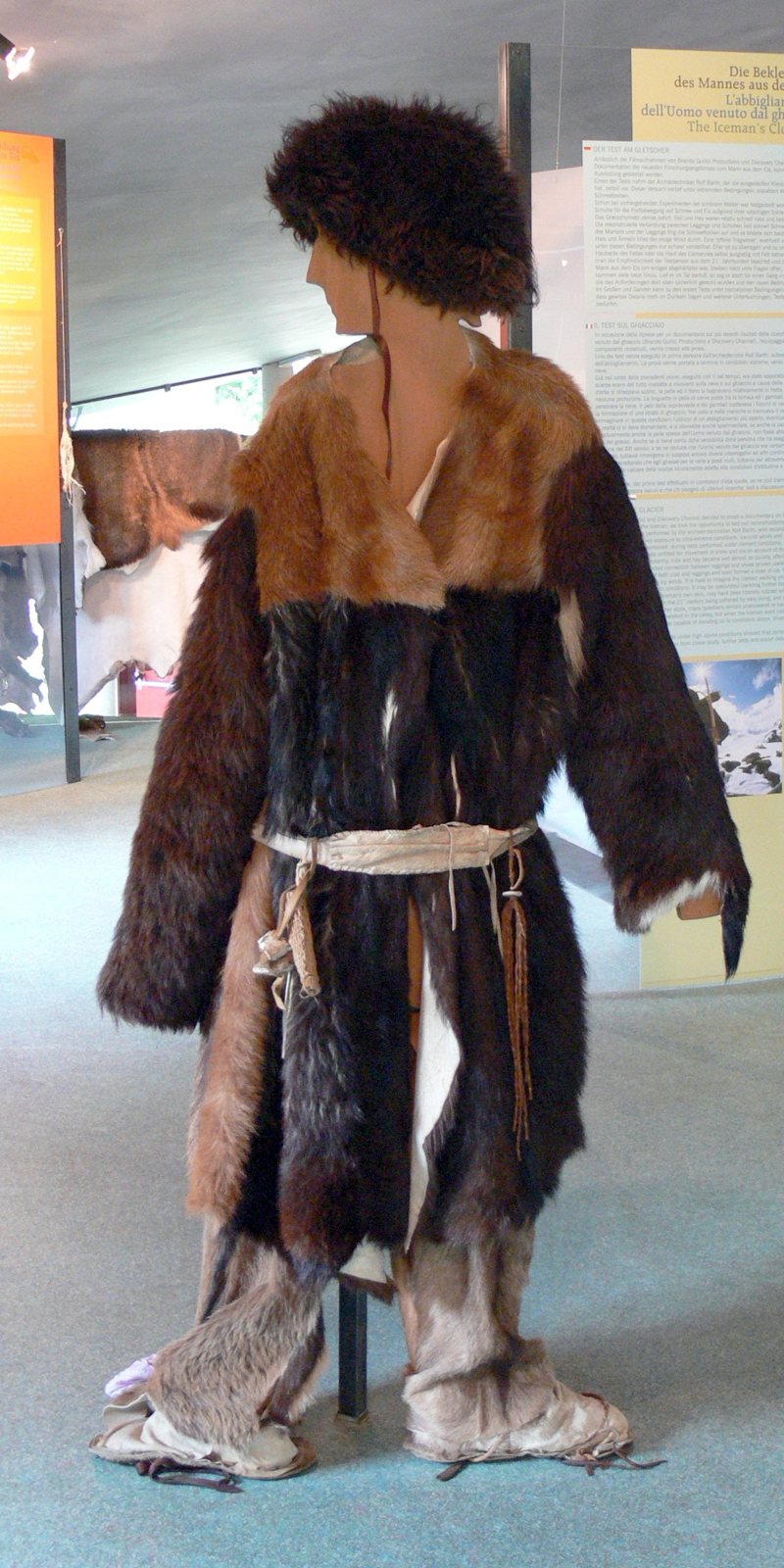 A museum figure dressed in a reconstruction of Ötzi's clothes: a dark fur cap, a long brown fur coat, a pale belt and fur leggings, seen from behind